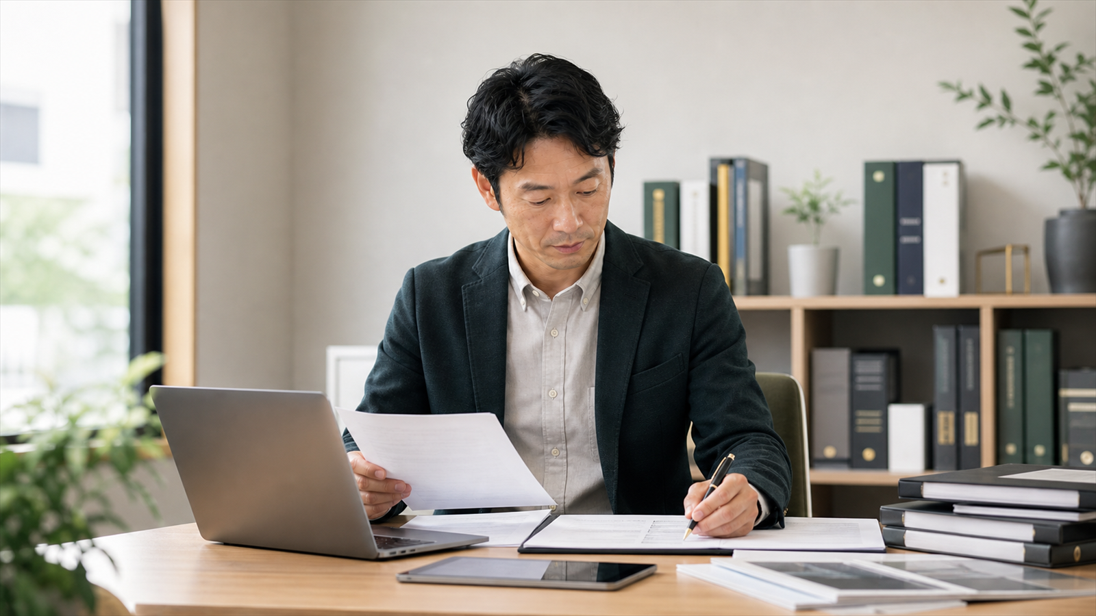 不動産会社の店舗で物件資料や契約書類の作成に追われる社員の様子