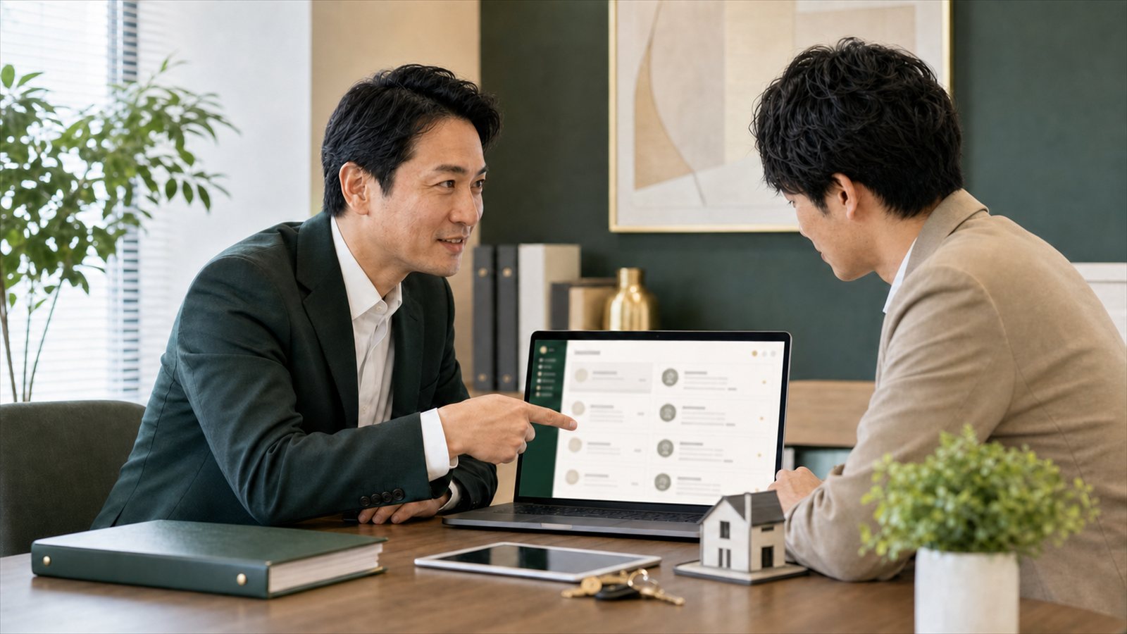 業務に合わせた専用ツールの画面を見ながら、AI活用アドバイザーと受講者が相談している様子