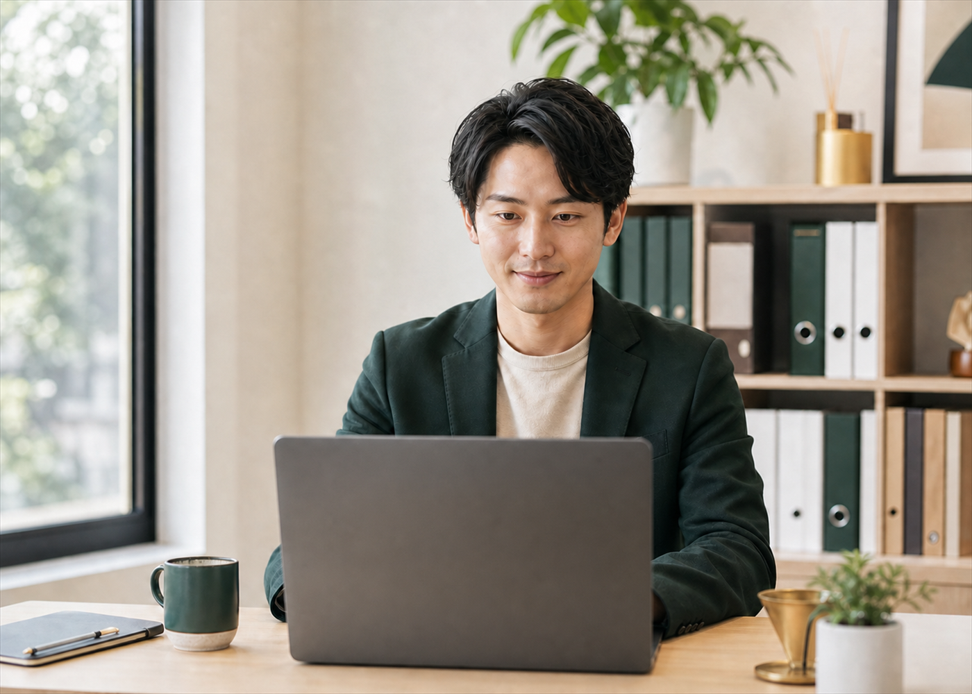 不動産会社の店舗からオンラインでAI研修を受講する社員の様子