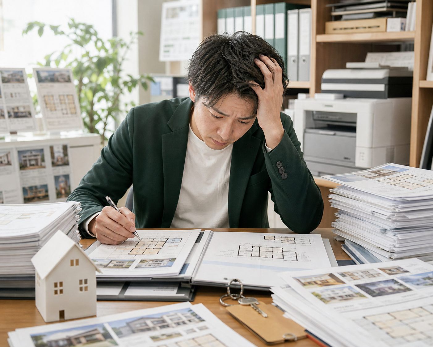 物件紹介文や契約書類の作成に追われる不動産会社の事務スタッフ