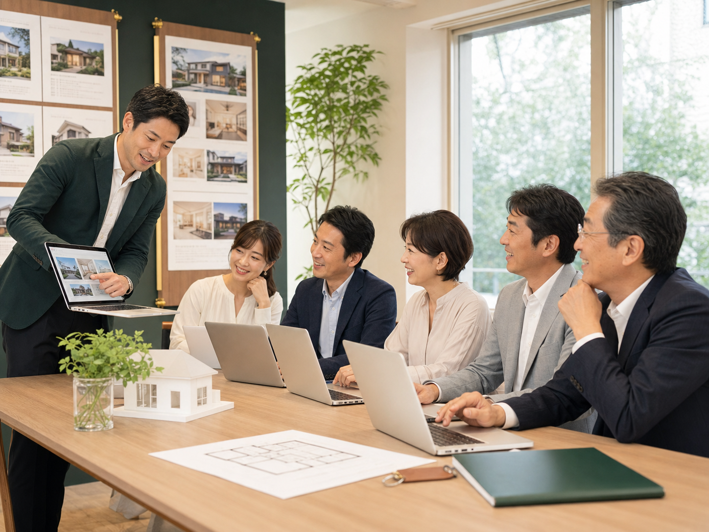 店舗で貸出パソコンを使いながらAI研修を受講する不動産会社のスタッフたち