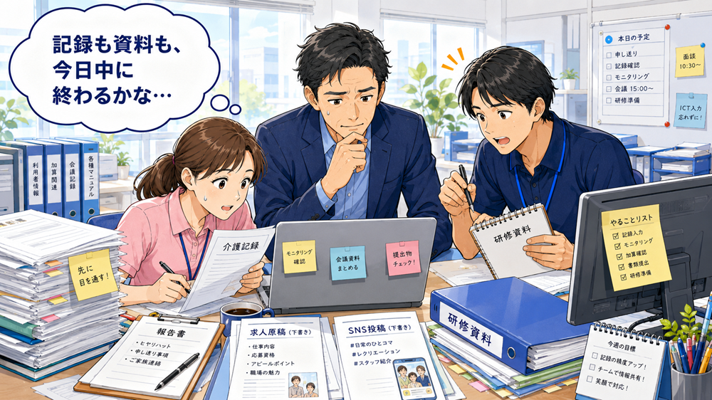 記録・報告書・求人原稿・SNS投稿・研修資料作成に追われる職員と管理者