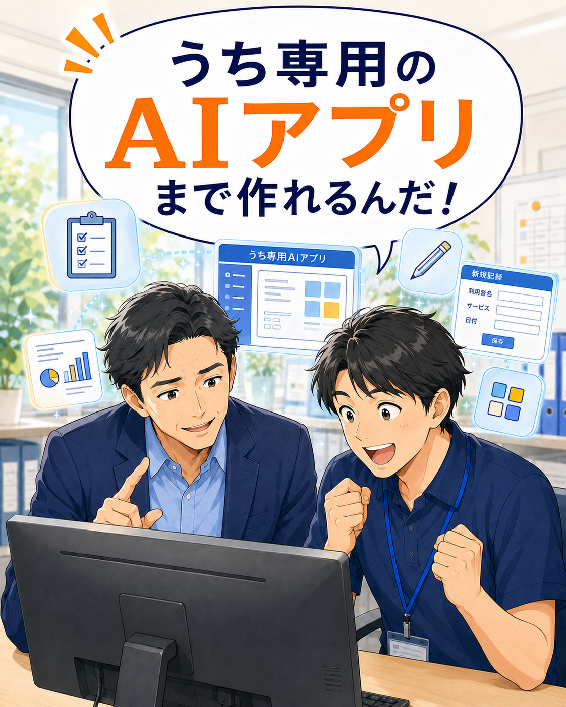 AI活用アドバイザーと受講者が、事業所オリジナルの専用アプリや入力補助ツールの制作について相談している様子