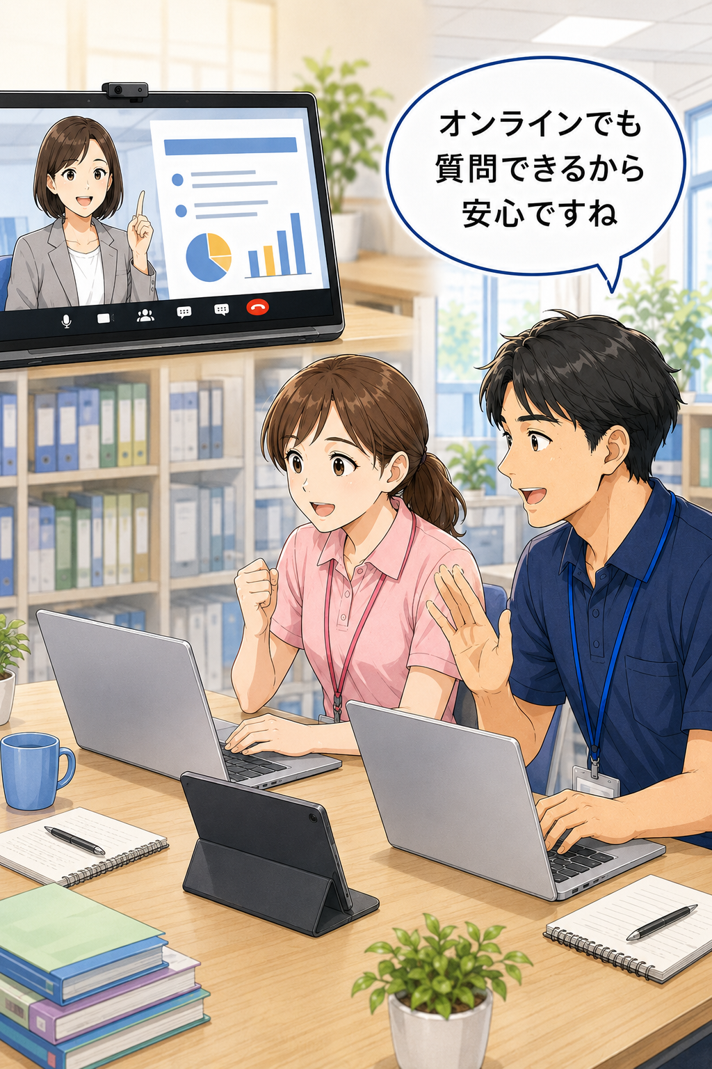 職場にいながらオンライン研修を受けている職員たちと、画面越しに説明するAI活用アドバイザー