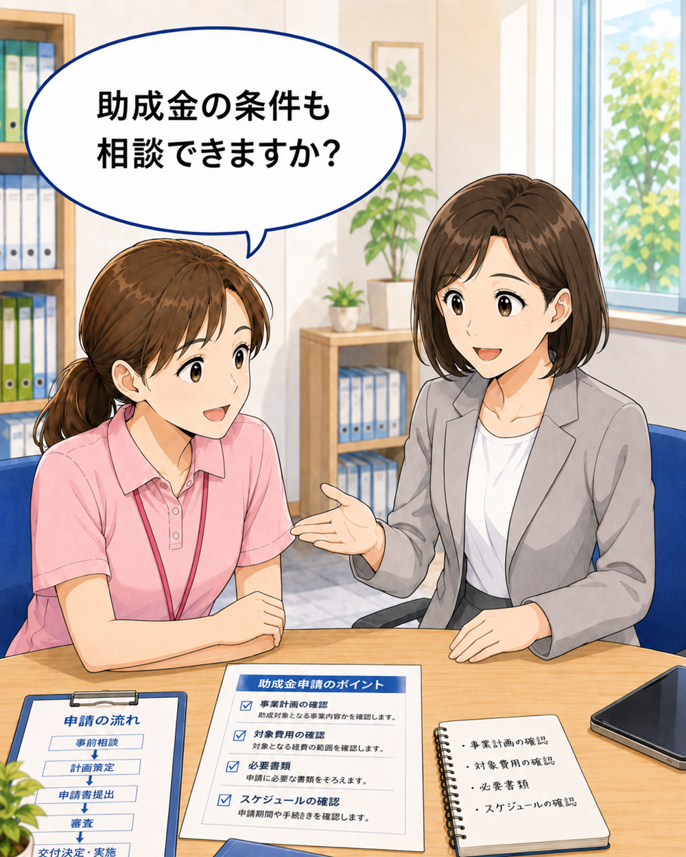 管理者がAI活用アドバイザーに助成金の活用について相談している様子