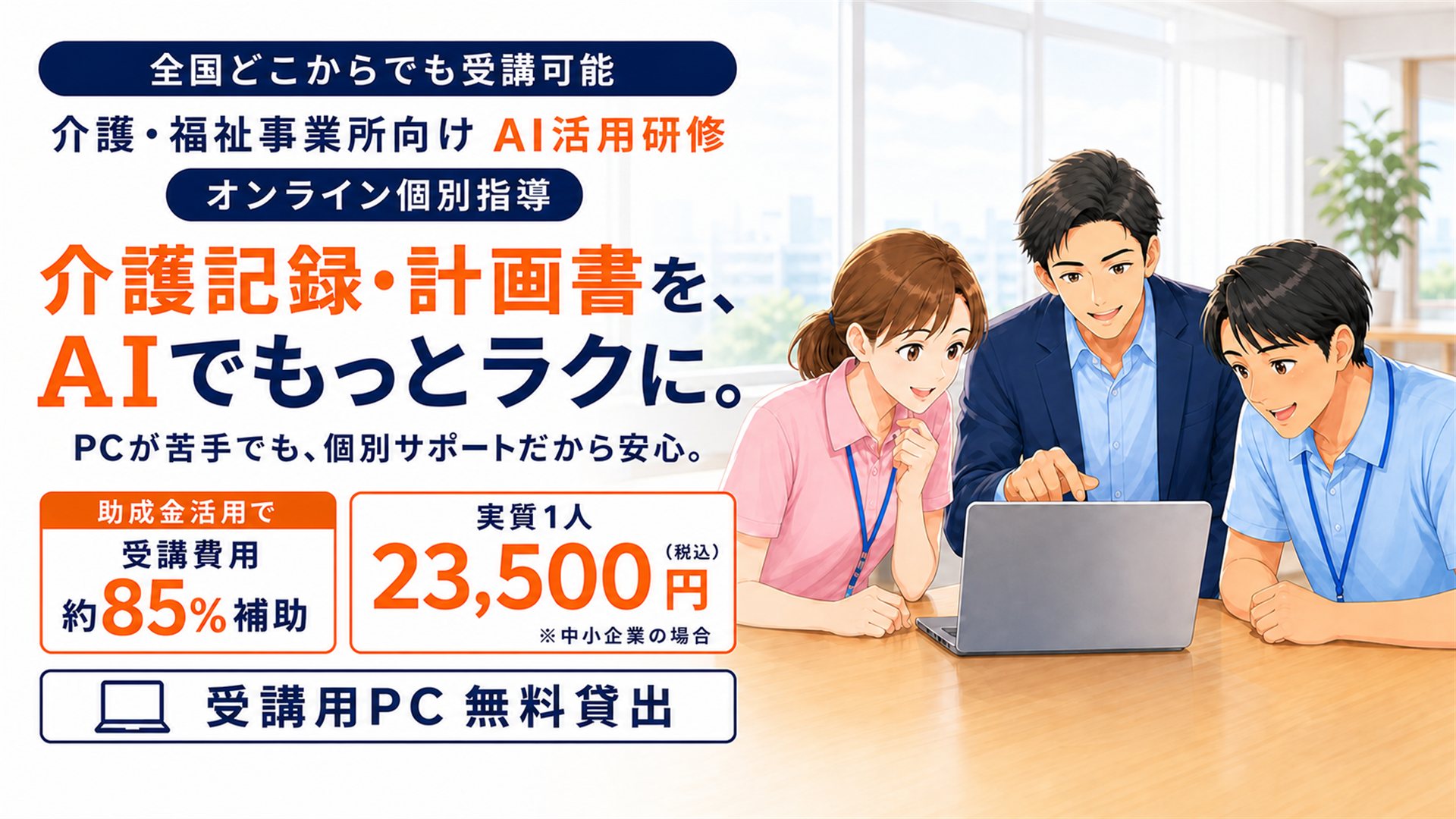 介護・福祉事業所向けAI活用研修のメインビジュアル。全国どこからでも受講可能、オンライン個別指導。介護記録・計画書を、AIでもっとラクに。PCが苦手でも個別サポートだから安心。助成金活用で受講費用の約85％を補助、実質1人あたり23,500円（税込・中小企業の場合）。受講用PC無料貸出