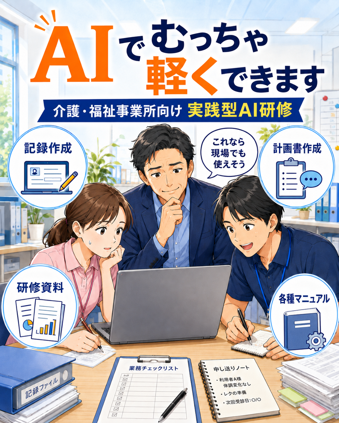 介護・福祉事業所の管理者と職員が、オンラインAI研修に前向きに参加している様子