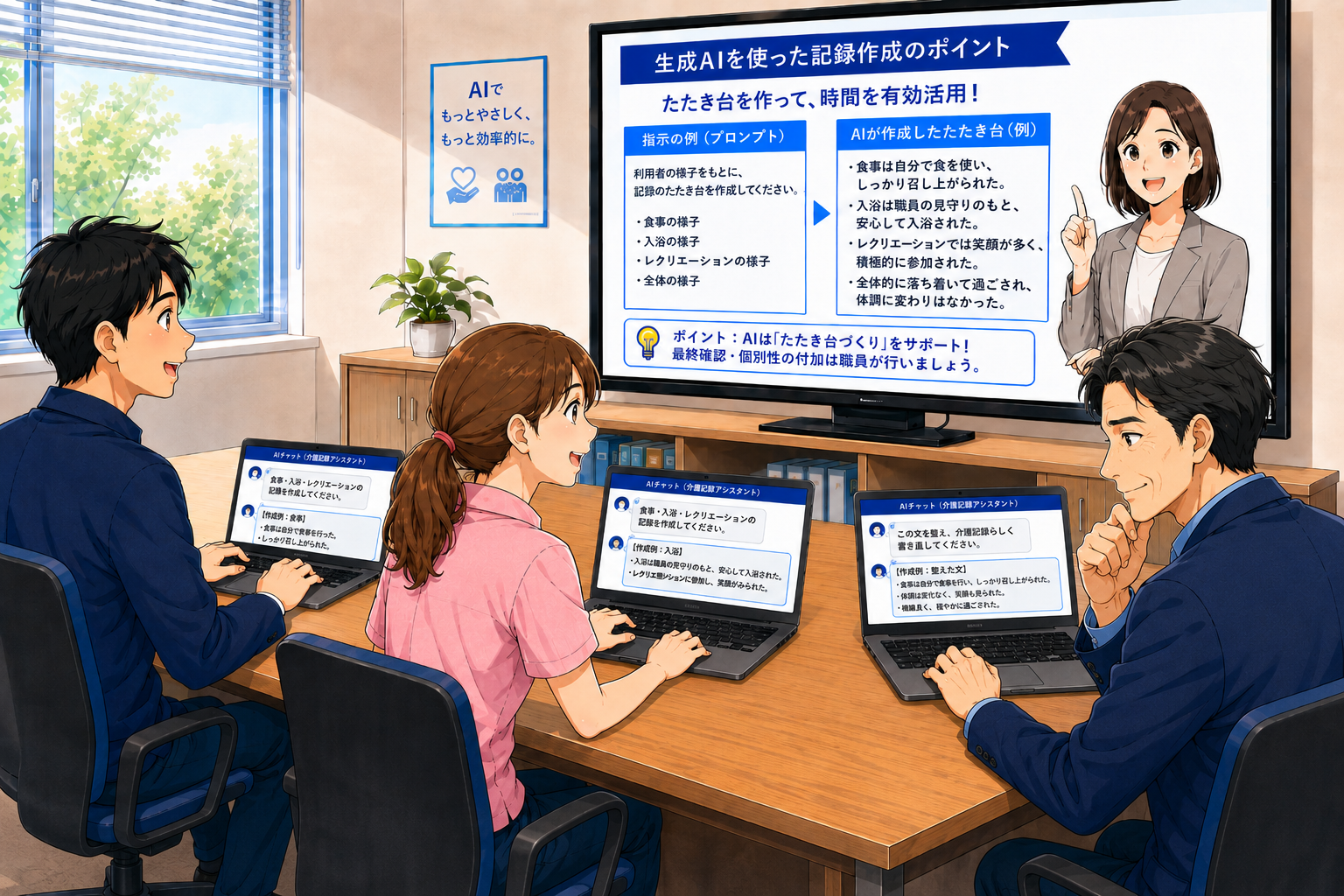 オンライン研修でAI活用アドバイザーが生成AIの使い方を説明し、受講者が現場で使えそうと感じている様子