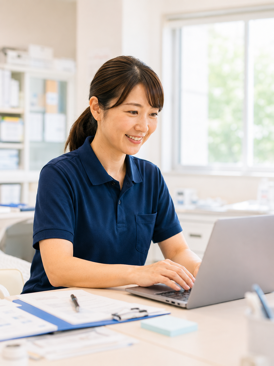 介護施設の職員がAIを活用して記録業務を効率化している様子