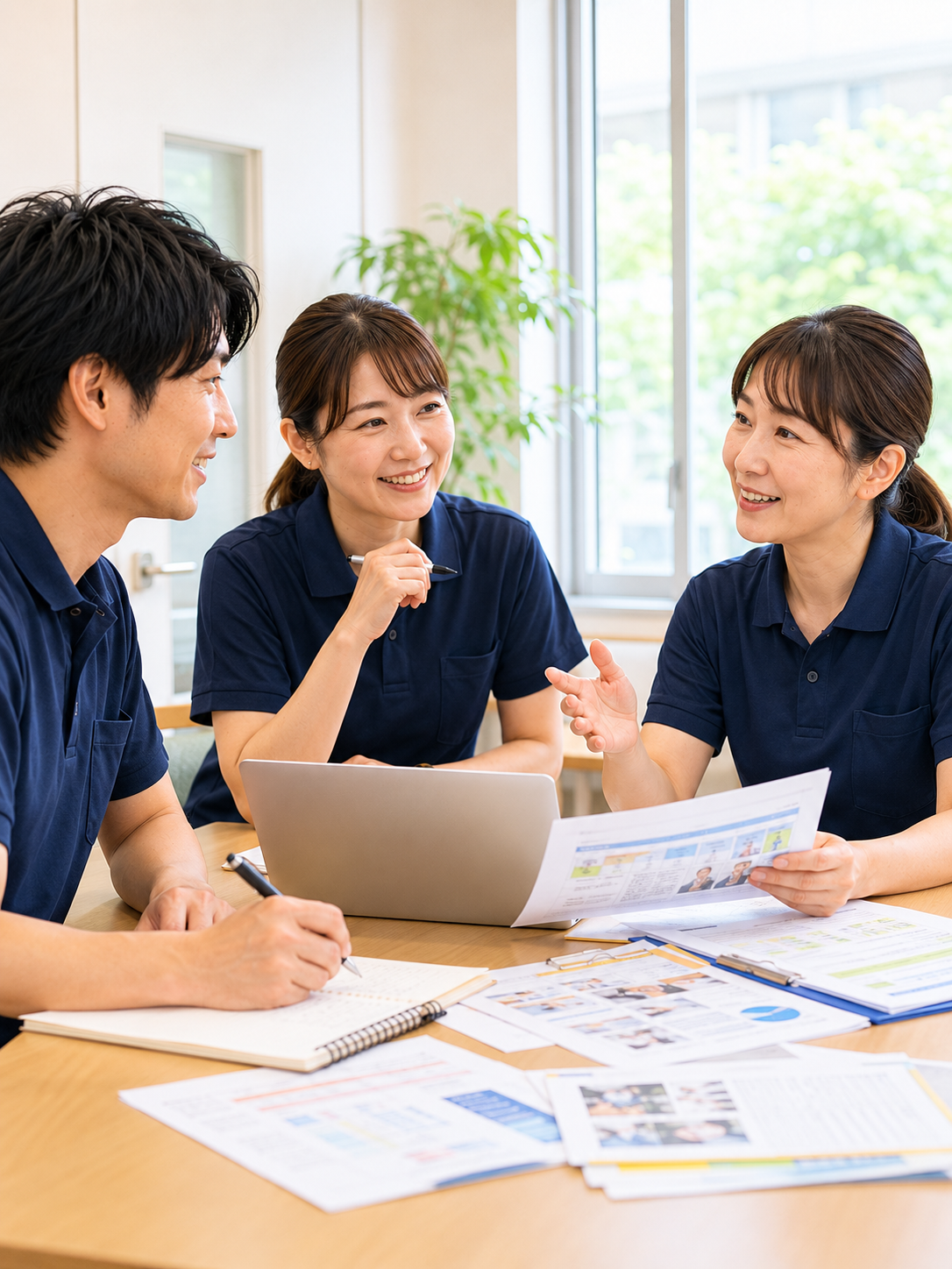 施設の会議室で研修について話し合うスタッフ