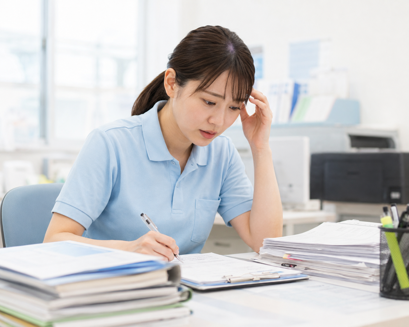 書類作成に追われる介護施設の事務スタッフ