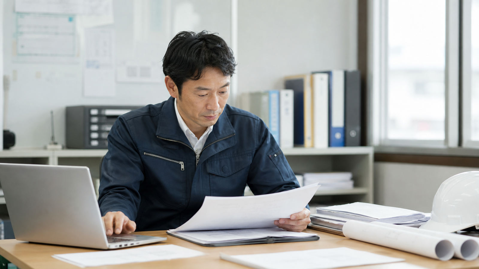 建設会社の事務所で施工日報や書類作成に追われる社員の様子