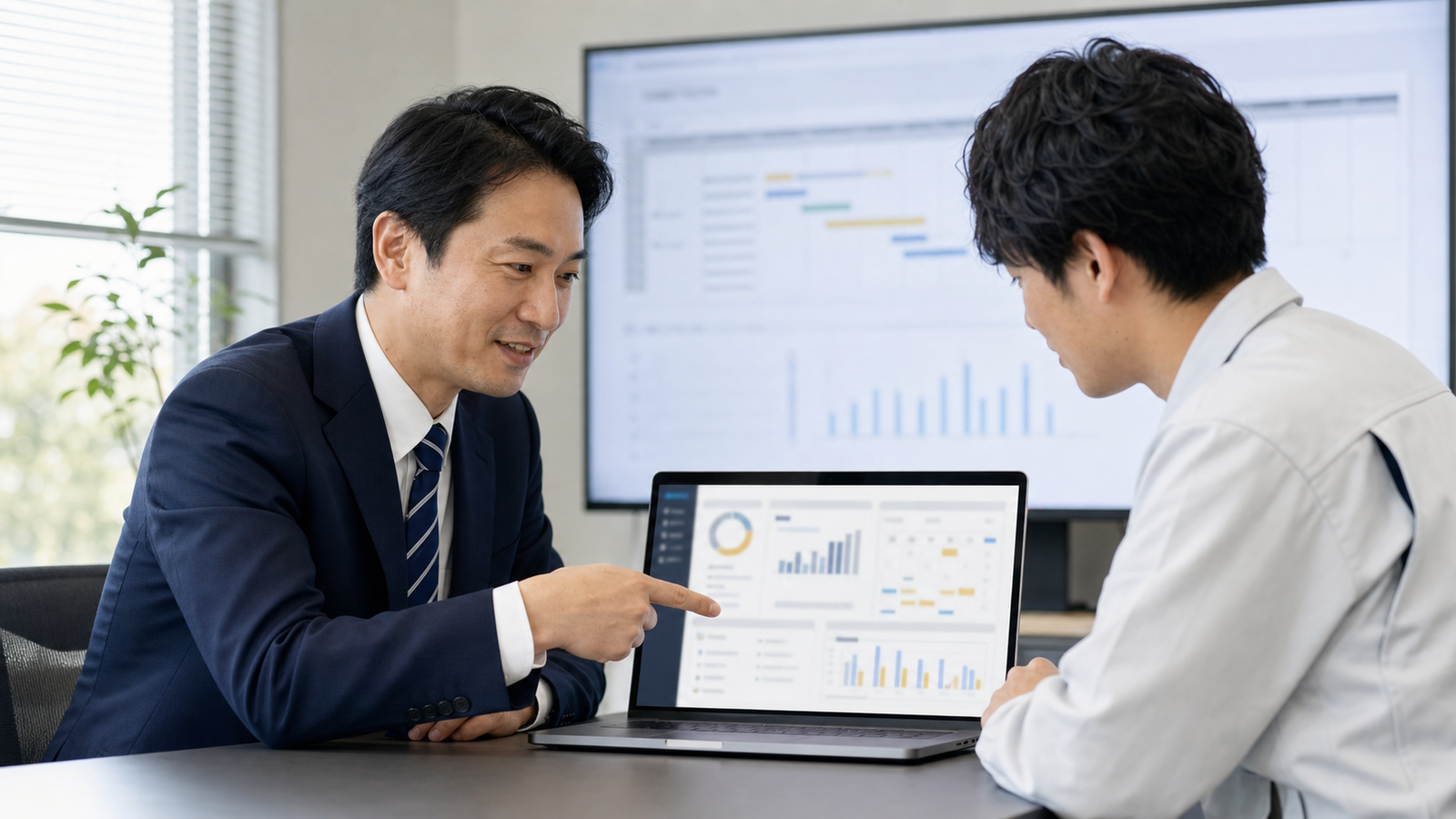 業務に合わせた専用ツールの画面を見ながら、AI活用アドバイザーと受講者が相談している様子