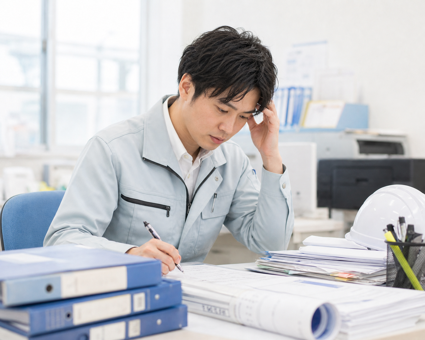 見積書や書類作成に追われる建設会社の事務スタッフ