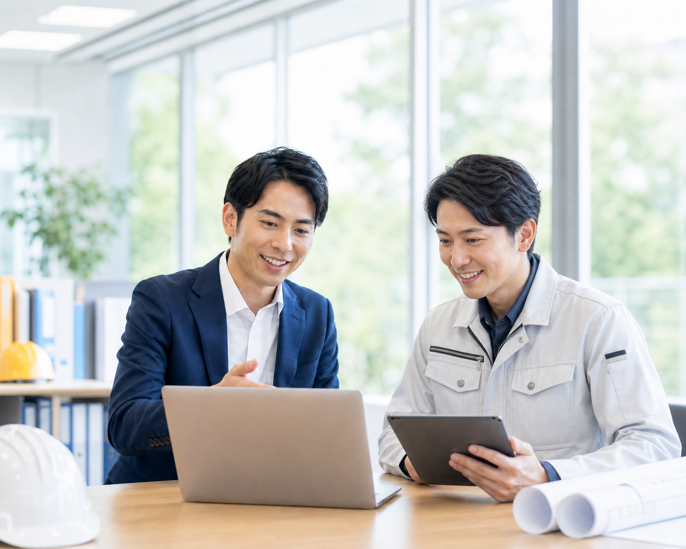 講師が建設会社を訪問し、スタッフと打ち合わせをしている様子