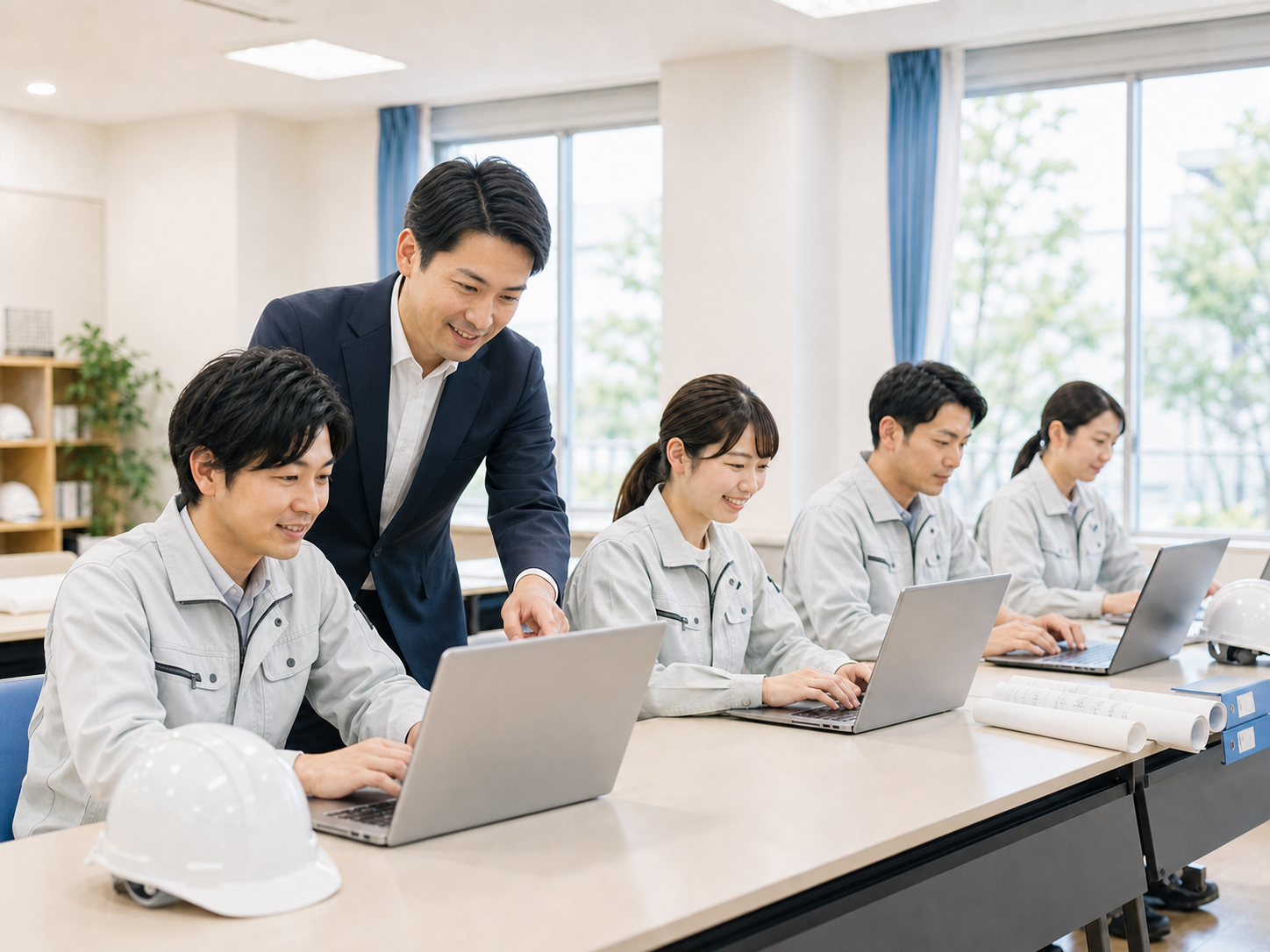 現場事務所で貸出パソコンを使いながらAI研修を受講する建設会社のスタッフたち