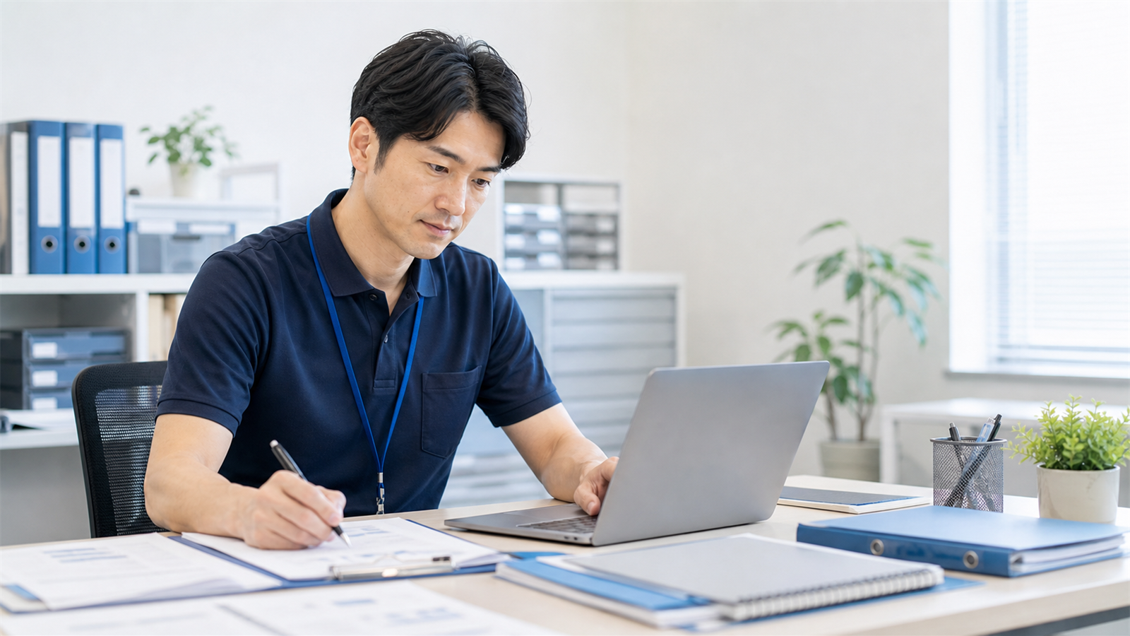 障害福祉サービス事業所の事務スペースで支援記録や資料作成に追われる職員の様子