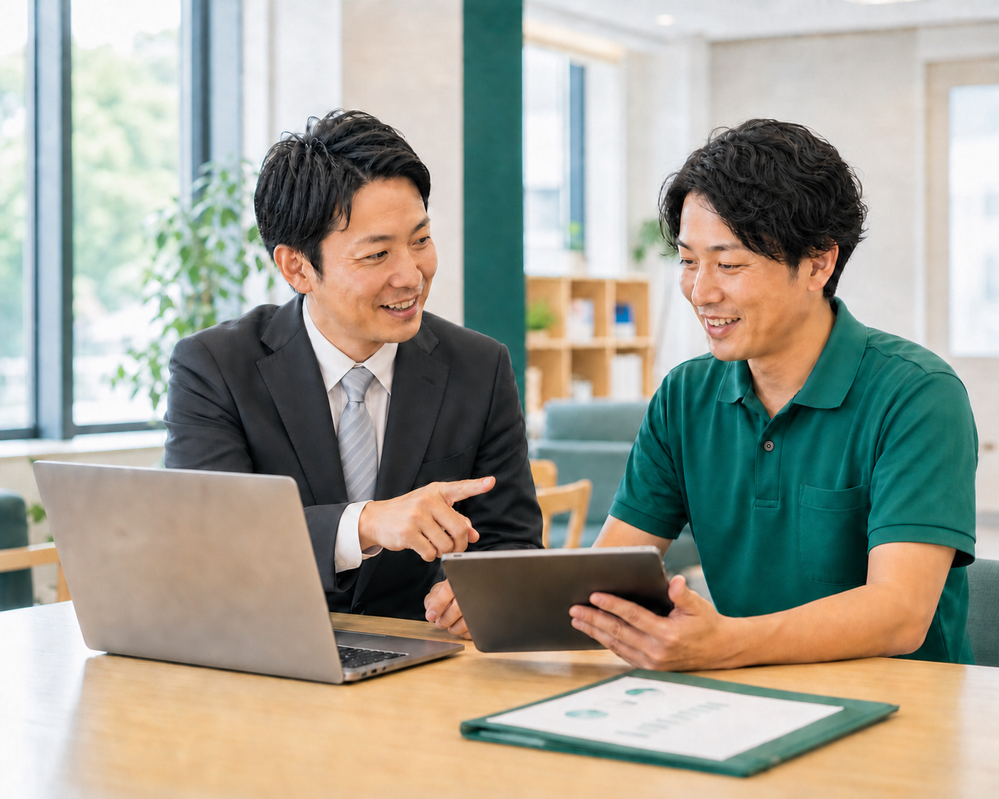 講師が障害福祉サービス事業所を訪問し、スタッフと打ち合わせをしている様子