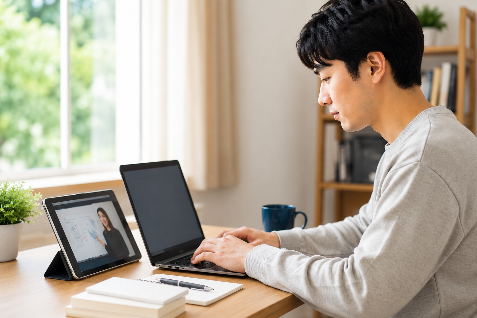 タブレットの配信映像を見ながらノートPCで学習する求職者支援訓練の受講者
