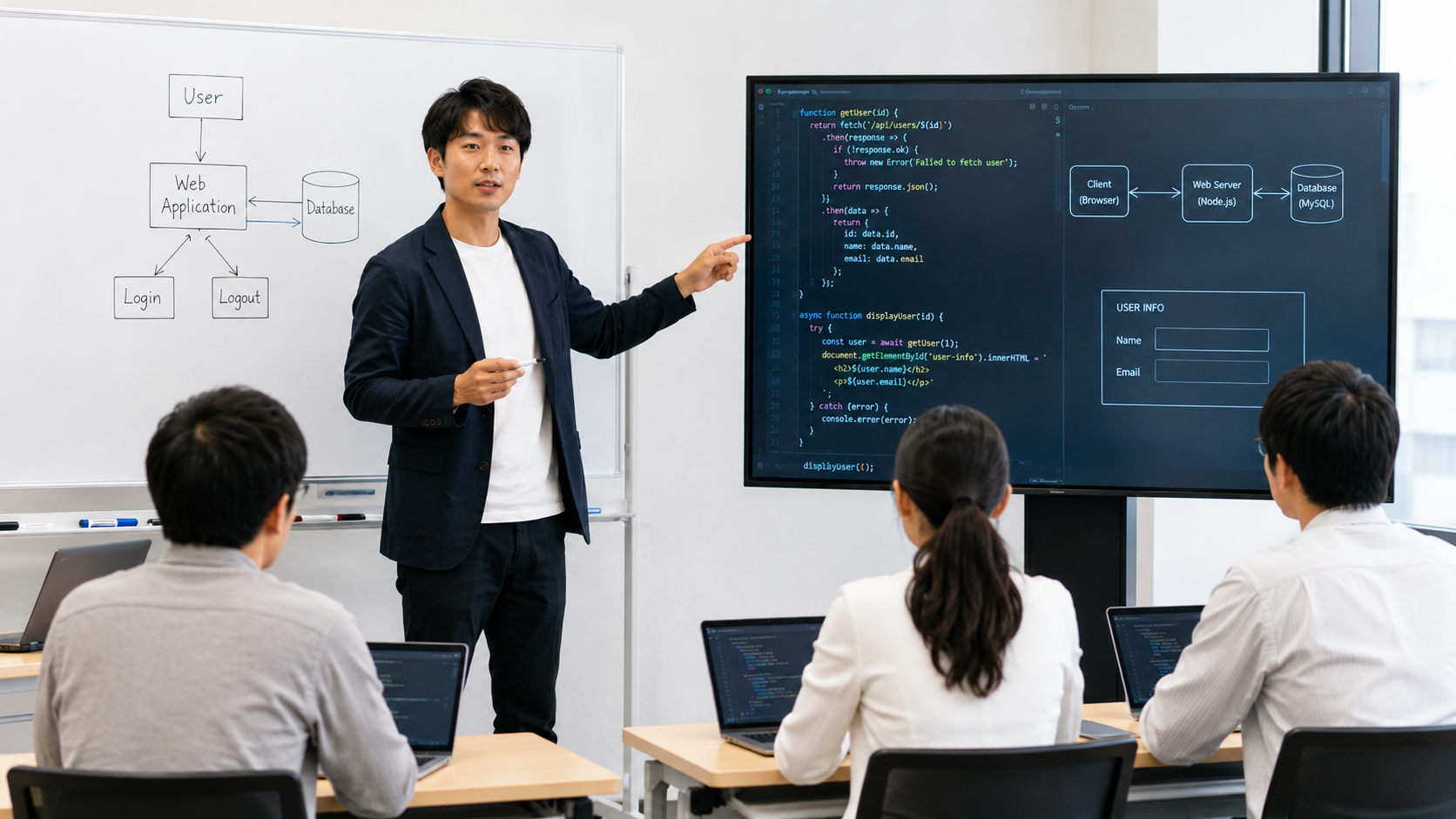 公共職業訓練の教室でWeb制作を学ぶ受講生