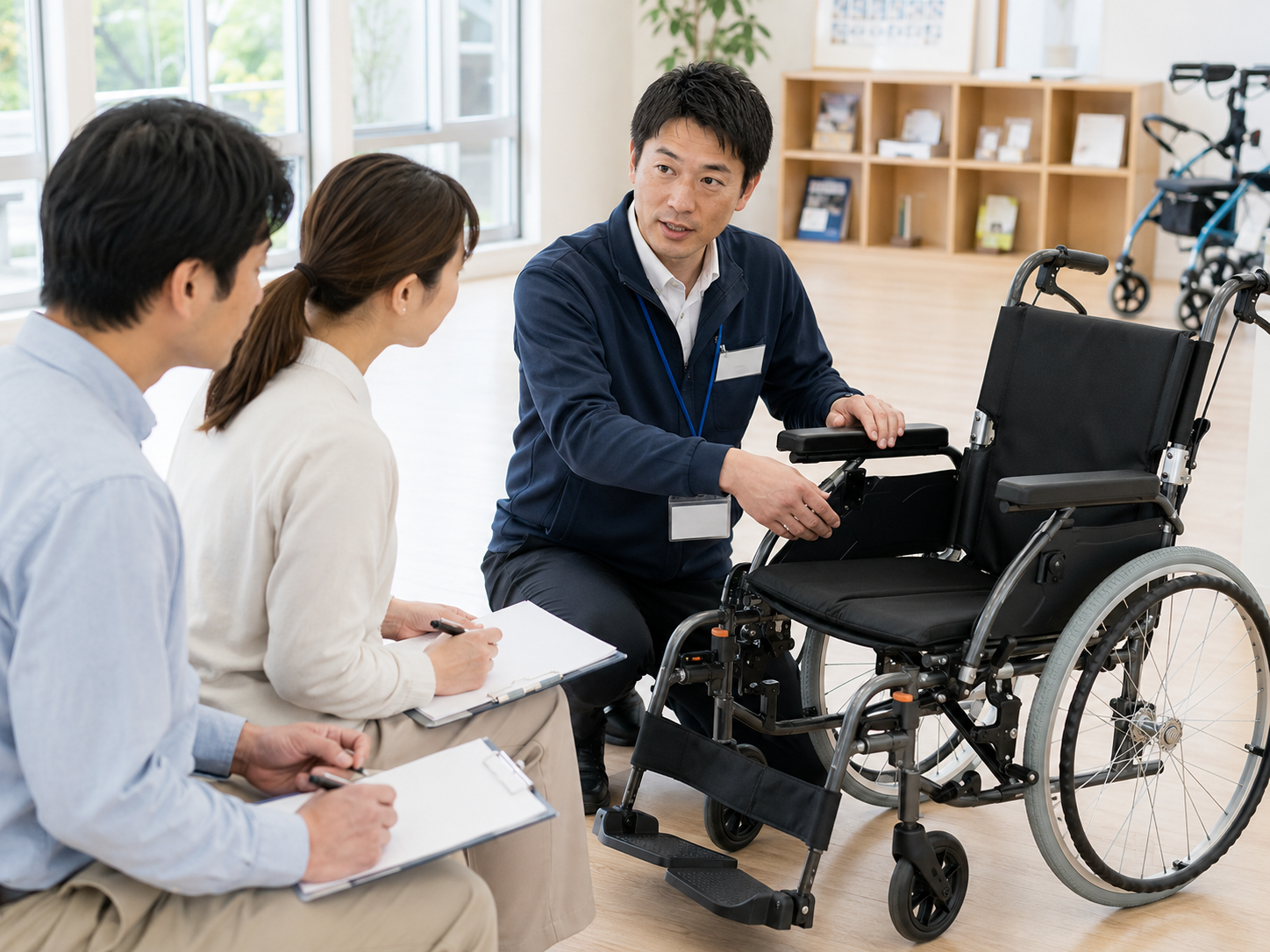 福祉用具専門相談員講習会で車いすの説明を受ける受講者