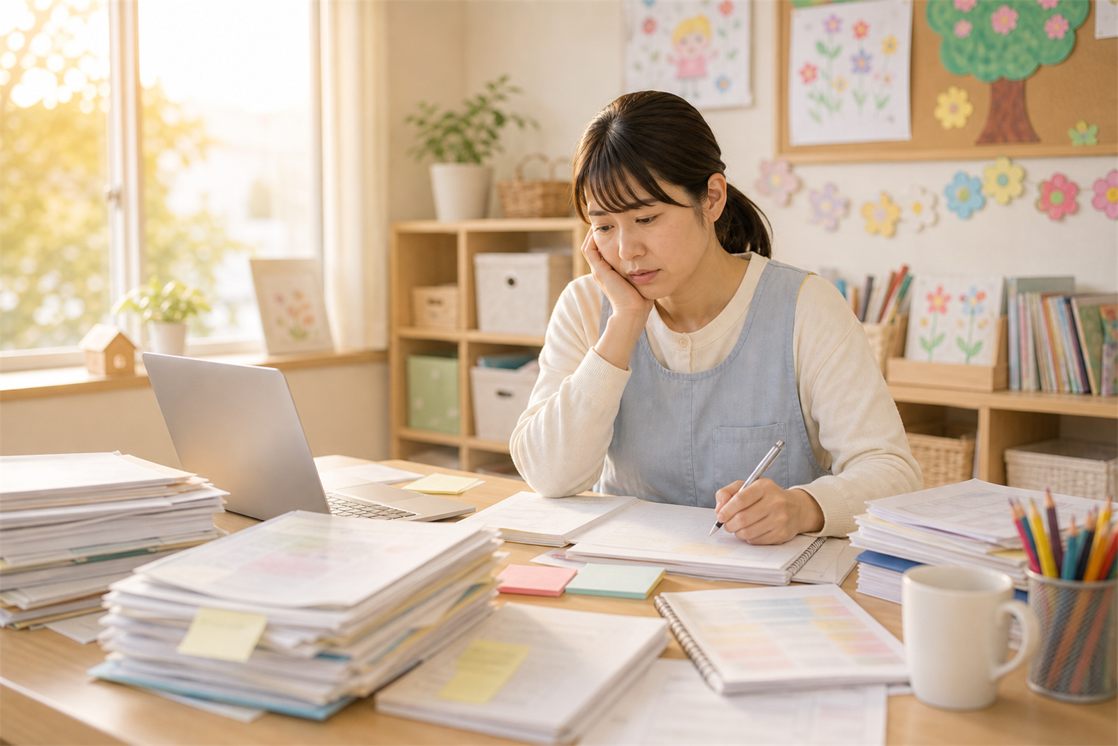 園だよりや保育記録の作成に追われ、疲れた表情の保育施設の先生