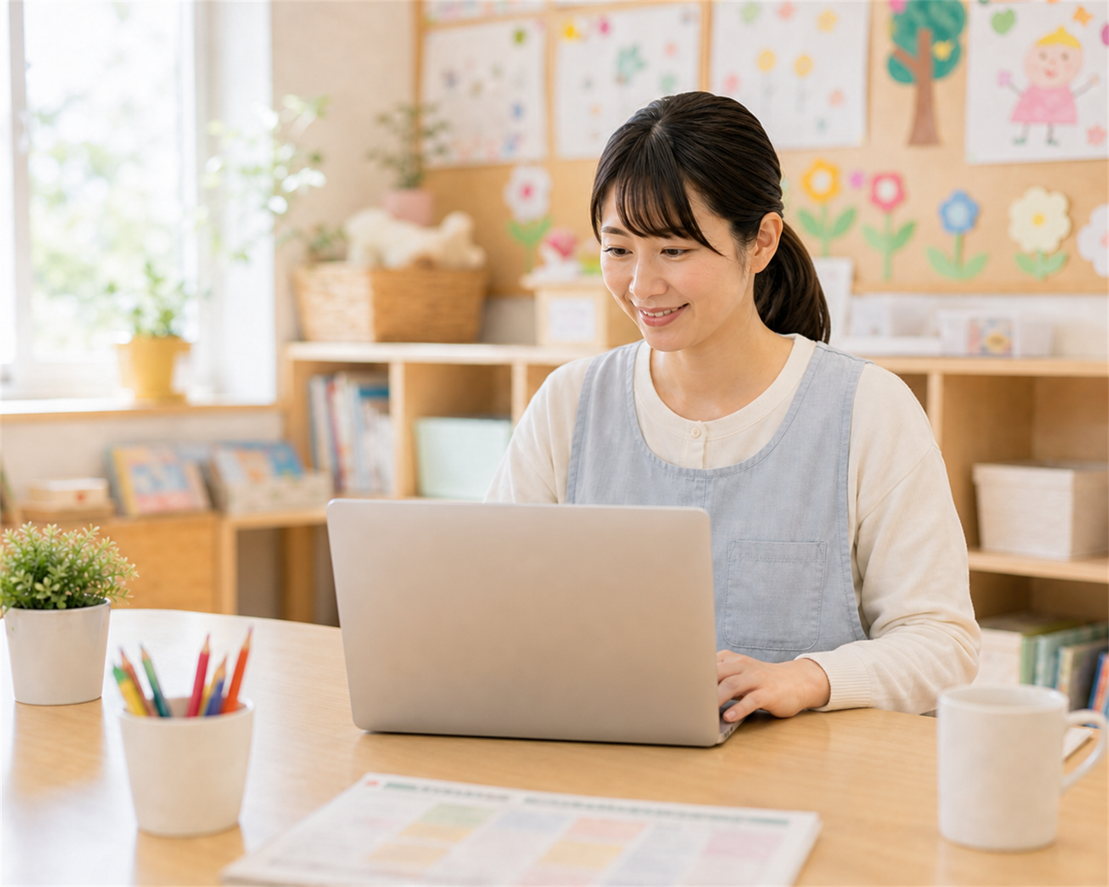 保育施設の先生がAIを活用して園だより・保育記録業務を効率化している様子