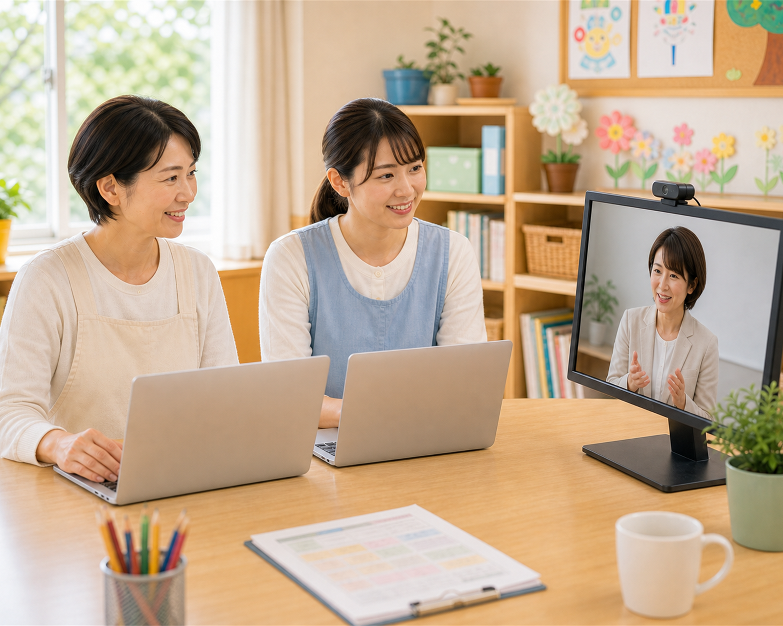 園内研修でAI活用アドバイザーの説明を受ける園長先生と保育士たち