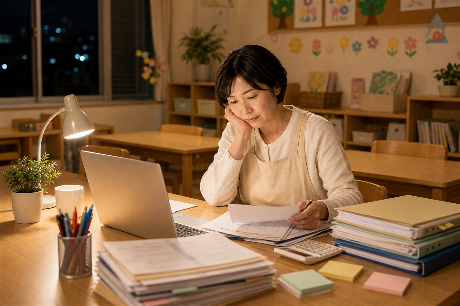 書類業務が集中し、一人で残業する主任保育士