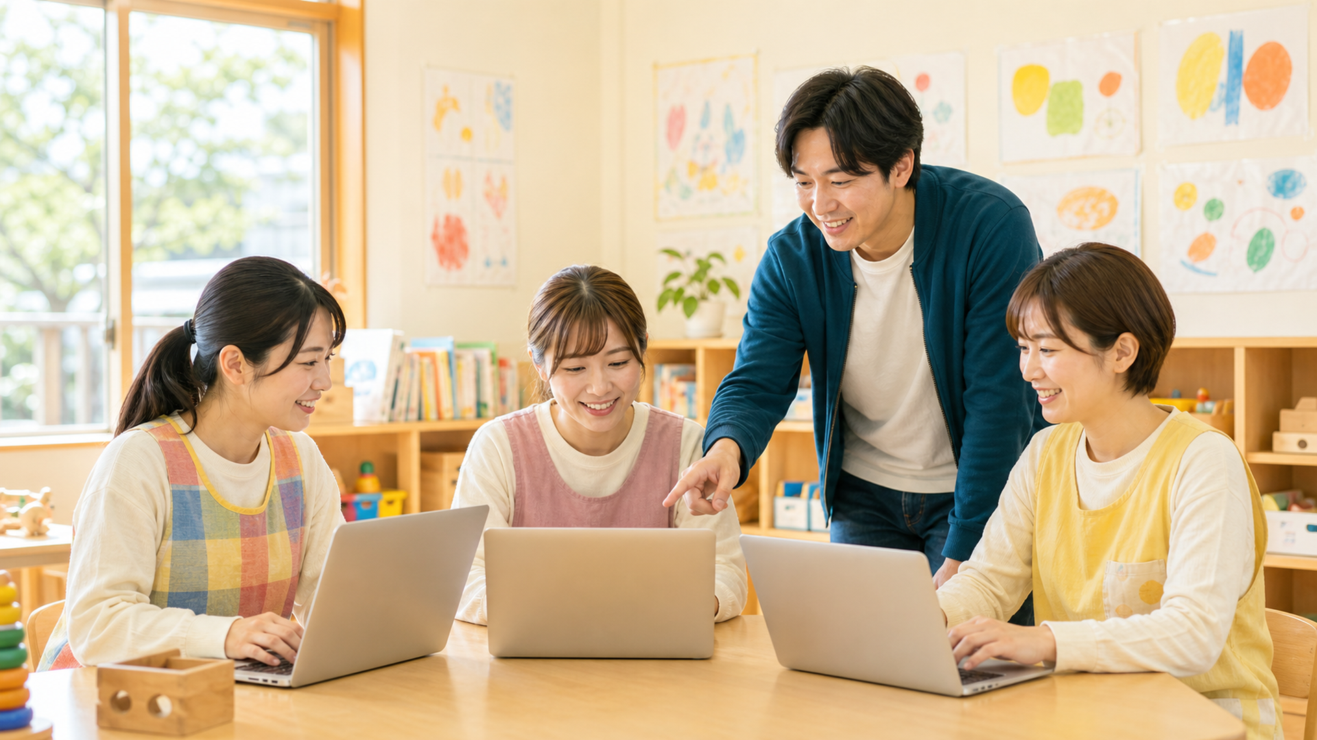 講師が保育園を訪問し、保育士がノートパソコンでAI活用を学んでいる研修風景のイラスト