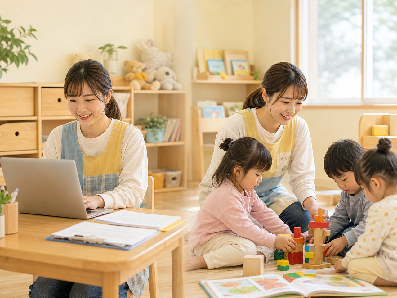 保育士がパソコンで書類を仕上げ、子どもと笑顔で過ごす時間が増えたイラスト